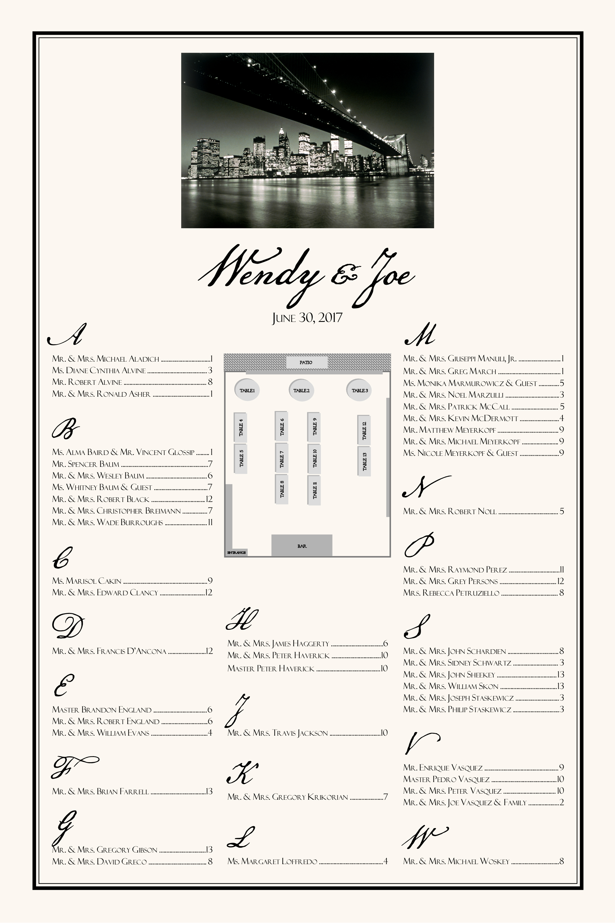 City Skyline Photo Seating Chart with Floor Plan Wedding Seating Chart